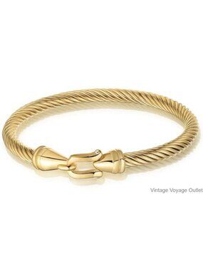 Stainless Steel Twisted Cable Cuff Bracelet Hook Clasp 18K Gold Plated Women